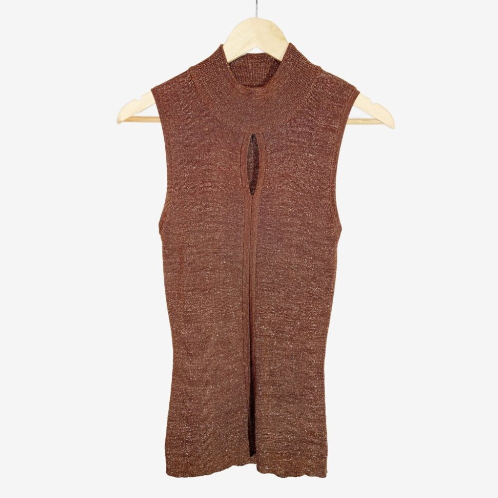 Vintage Y2K Bronze Brown Knit Sleeveless Top with Metallic Gold Thread / Small - Picture 2 of 11